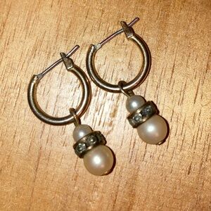 Vintage faux Pearl & diamond beads on gold hoop earrings